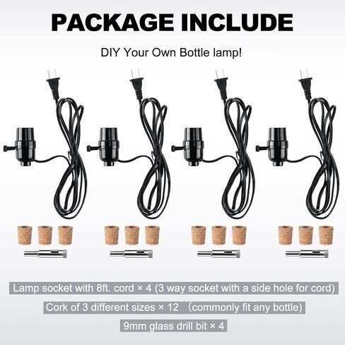 4 Sets Lamp Kit For Bottle Includes Stopper in 3 Sizes, 9 mm Glass Drill Bit, Slip on Socket, 8 Feet Power Cord for DIY Wine Bourbon Beer Glass Bottle Lamp No Drilling Required in Saudi Arabia