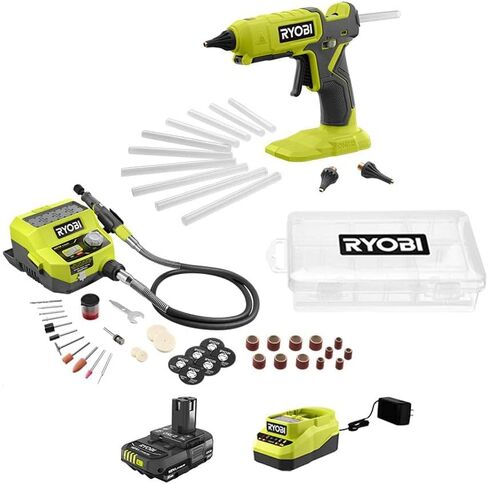 RYOBI 18V ONE+ 2-Tool Kit - Rotary Tool with Accessorie kit, Ryobi Glue Gun. Comes with Battery and Charger, 13.5 X 7.75 X 7.75 (PCL1205K1) in Saudi Arabia