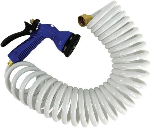 Whitecap P-0441, 25' White Coiled Hose w/Nozzle & 3/4" Male/Female Brass Fittings in Saudi Arabia