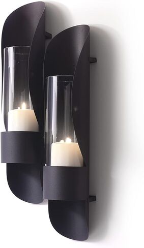 حامل شموع حائط أسود من آرت ميزون، ديكور جداري زجاجي ومعدني لغرفة المعيشة، شمعدان منزلي مقاس 10.16 سم × 48.26 سم، مجموعة شمعدانات شموع معلقة لتزيين الحائط مكونة من 2 in Kuwait