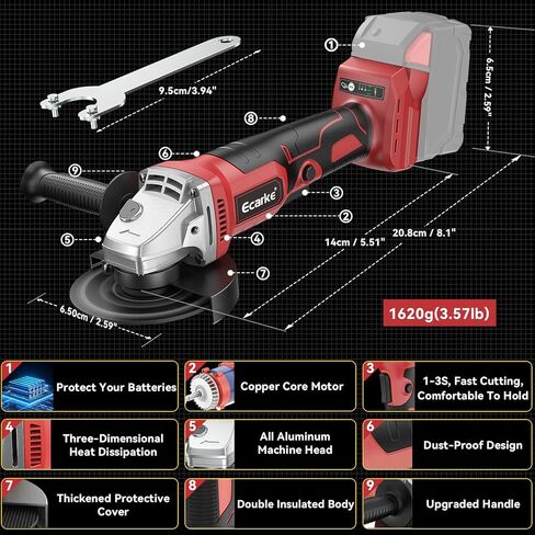 طاحونة زاوية طاقة لاسلكية لبطارية ميلووكي 18 فولت، مطحنة كهربائية بدون فرش مقاس 4-1/2 بوصة من Ecarke 8500 دورة في الدقيقة مع مقبض قابل للتعديل، أداة قطع لعجلات الطحن والقطع والصناعية والطحن in Kuwait