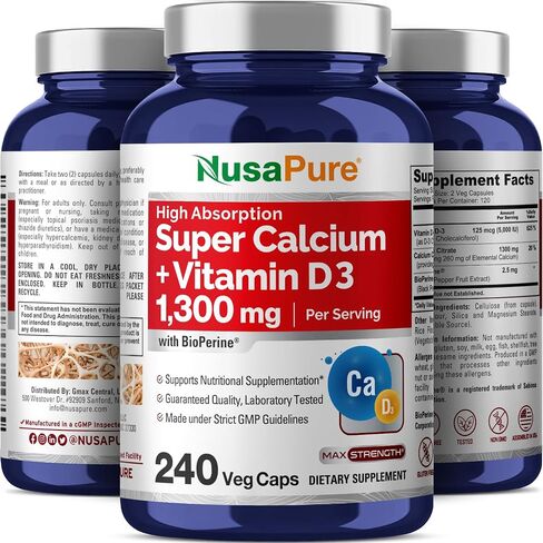 NusaPure Super Calcium 1300mg with Vitamin D3 and Bioperine 240 Veggie Caps (Non-GMO & Gluten-Free) in Saudi Arabia