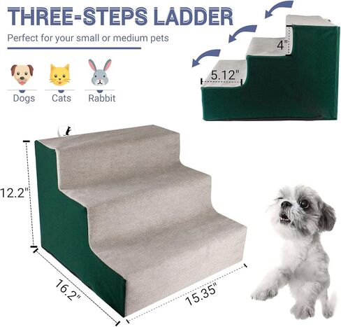 سلالم الكلاب من نامسان لأسرة عالية للكلاب الصغيرة، خطوات للحيوانات الأليفة ذاتية التجميع للكلاب الصغيرة والمتوسطة والقطط، خطوات للكلاب غير قابلة للانزلاق للأريكة، غطاء قابل للغسل، ارتفاع 12.2 بوصة، أخضر/رمادي in Kuwait