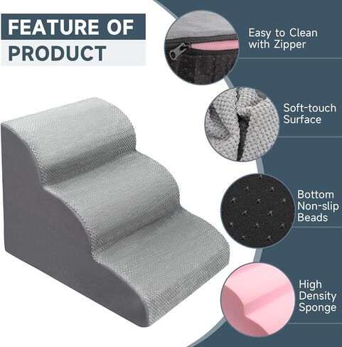 سلالم الكلاب من موتسوتاز للكلاب الصغيرة، سلالم للكلاب ذات 3 خطوات للأريكة والأسرة العالية، ارتفاع 15.7 بوصة يناسب الكلاب والقطط المسنين والمصابين لتسلق الأسرّة والأرائك، رمادي in Kuwait