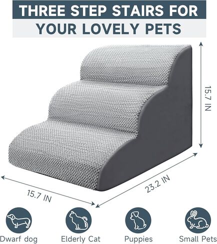 سلالم الكلاب من موتسوتاز للكلاب الصغيرة، سلالم للكلاب ذات 3 خطوات للأريكة والأسرة العالية، ارتفاع 15.7 بوصة يناسب الكلاب والقطط المسنين والمصابين لتسلق الأسرّة والأرائك، رمادي in Kuwait