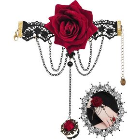 Dressfan القوطية أساور الدانتيل الأحمر روز مع حلقة الإصبع، الباروك خمر اليدوية الدانتيل الأسود شرابة قابل للتعديل معصمه سوار حلقة مجموعات للمرأة هالوين تأثيري / حفلة موسيقية / حزب / الدراما in Kuwait