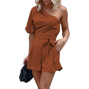 Meenew Women's Summer Romper One Shoulder Tie Waist Shorts Jumpsuit Playsuit