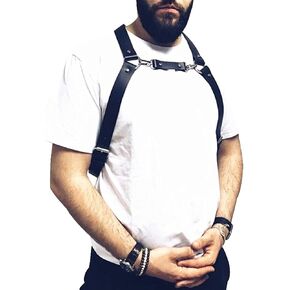 حزام صدر من الجلد الصناعي للرجال مع حمالات سوداء مع إبزيم وحلقات معدنية على شكل حرف O in Kuwait