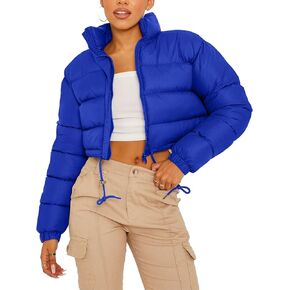 Flygo Women Cropped Puffer Jacket Winter Long Sleeve Quilted Puffy Bubble Padded Short Coats with Drawstring