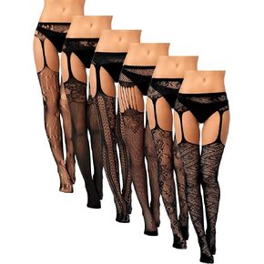 6 Pairs Women Fishnet Thigh High Stockings Suspender Pantyhose Lingerie Garter Belts Tights for Women Girls