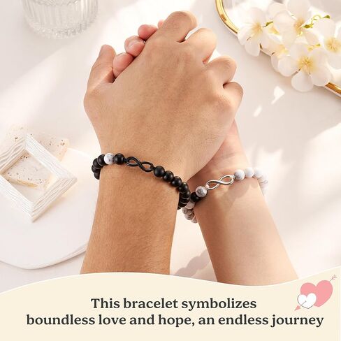 Seyaa هدايا الأزواج مطابقة الأساور Howlite والأسود ماتي العقيق إنفينيتي أساور للأزواج صديقها صديقة عاشق in Kuwait