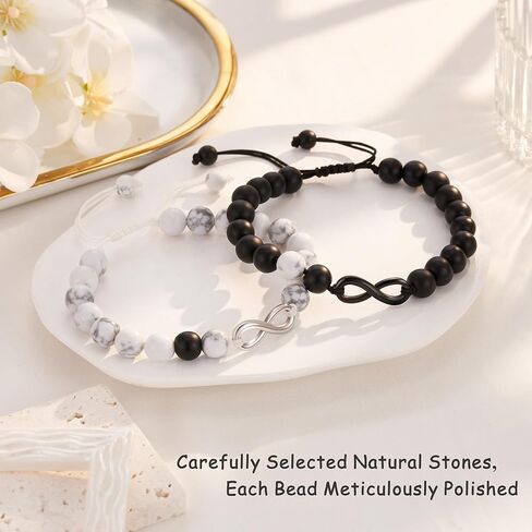 Seyaa هدايا الأزواج مطابقة الأساور Howlite والأسود ماتي العقيق إنفينيتي أساور للأزواج صديقها صديقة عاشق in Kuwait
