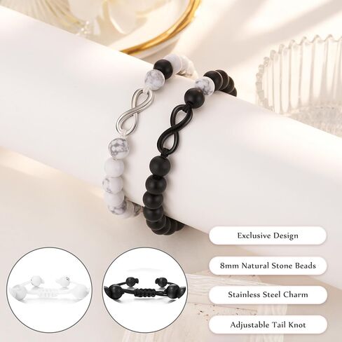 Seyaa هدايا الأزواج مطابقة الأساور Howlite والأسود ماتي العقيق إنفينيتي أساور للأزواج صديقها صديقة عاشق in Kuwait