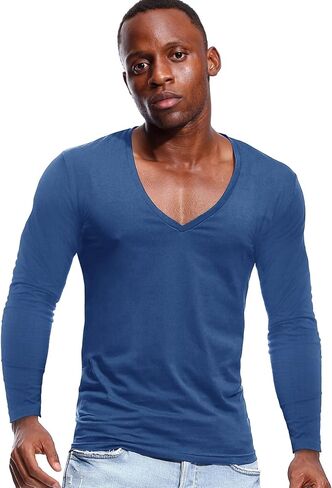zbrandy Deep V Neck Shirts Men Long Sleeve Stretch T-Shirt Low Cut Undershirts Tees in Kuwait
