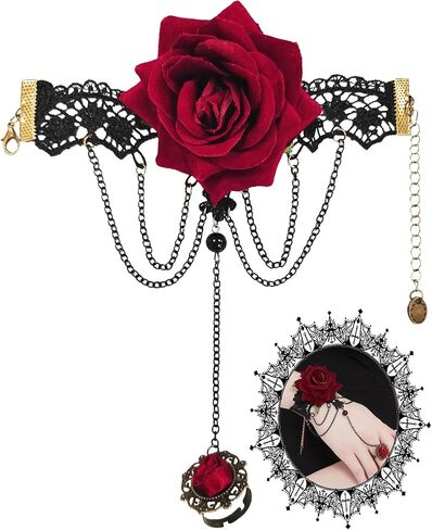 Dressfan القوطية أساور الدانتيل الأحمر روز مع حلقة الإصبع، الباروك خمر اليدوية الدانتيل الأسود شرابة قابل للتعديل معصمه سوار حلقة مجموعات للمرأة هالوين تأثيري / حفلة موسيقية / حزب / الدراما in Kuwait