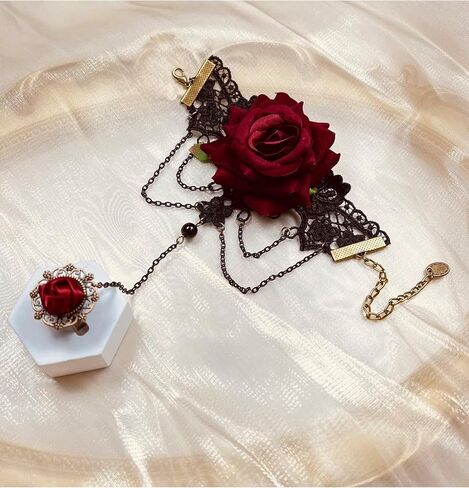Dressfan القوطية أساور الدانتيل الأحمر روز مع حلقة الإصبع، الباروك خمر اليدوية الدانتيل الأسود شرابة قابل للتعديل معصمه سوار حلقة مجموعات للمرأة هالوين تأثيري / حفلة موسيقية / حزب / الدراما in Kuwait
