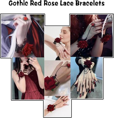 Dressfan القوطية أساور الدانتيل الأحمر روز مع حلقة الإصبع، الباروك خمر اليدوية الدانتيل الأسود شرابة قابل للتعديل معصمه سوار حلقة مجموعات للمرأة هالوين تأثيري / حفلة موسيقية / حزب / الدراما in Kuwait