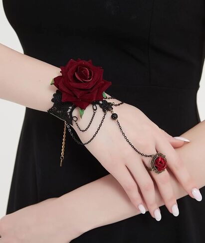 Dressfan القوطية أساور الدانتيل الأحمر روز مع حلقة الإصبع، الباروك خمر اليدوية الدانتيل الأسود شرابة قابل للتعديل معصمه سوار حلقة مجموعات للمرأة هالوين تأثيري / حفلة موسيقية / حزب / الدراما in Kuwait