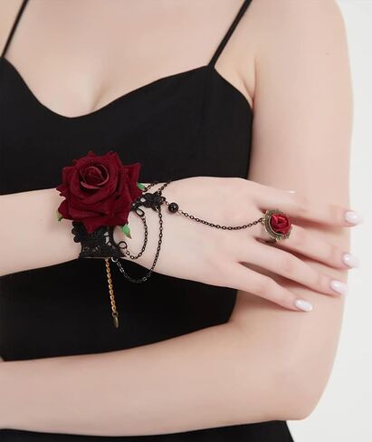 Dressfan القوطية أساور الدانتيل الأحمر روز مع حلقة الإصبع، الباروك خمر اليدوية الدانتيل الأسود شرابة قابل للتعديل معصمه سوار حلقة مجموعات للمرأة هالوين تأثيري / حفلة موسيقية / حزب / الدراما in Kuwait