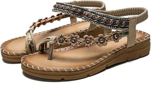 صنادل صيفية نسائية من HNGHOU صنادل مسطحة مريحة بوهيميا للشاطئ مفتوحة عند أصابع القدم أحذية مصارع كريستالي للكاحل in Kuwait