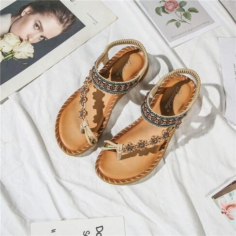 صنادل صيفية نسائية من HNGHOU صنادل مسطحة مريحة بوهيميا للشاطئ مفتوحة عند أصابع القدم أحذية مصارع كريستالي للكاحل in Kuwait