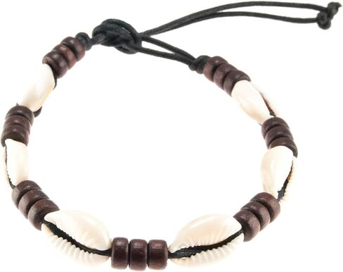 Cowrie Shells Anklet Bracelet on Black Cord with Brown Wood Beads in Saudi Arabia