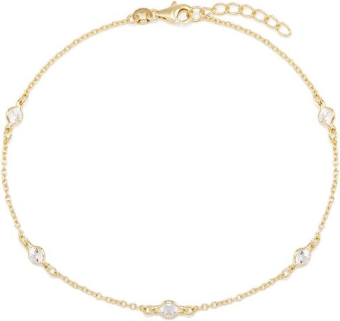 EVE'S ADDICTION Women's Gold Vermeil CZ Studded Chain Anklet (9" to 10" long) - Women's Ankle Bracelet - Anklets for Her - Summer Fashion Jewelry - Bridal Party Jewelry - Gift for Her in Saudi Arabia