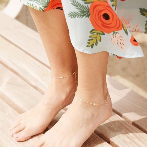 EVE'S ADDICTION Women's Gold Vermeil CZ Studded Chain Anklet (9" to 10" long) - Women's Ankle Bracelet - Anklets for Her - Summer Fashion Jewelry - Bridal Party Jewelry - Gift for Her in Saudi Arabia