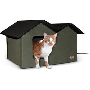 K&H Pet Products Outdoor Heated Cat House Extra-Wide Cat Shelter for Two, Olive, 26.5 X 21.5 X 15.5 Inches