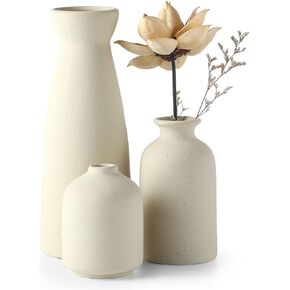 CEMABT Beige Ceramic vase Set-3 Small Flower vases for Decor,Modern Boho Farmhouse Home Decor,Decorative vase for Pampas Grass&Dried Flowers,idea Shelf,Table,Bookshelf ，Entryway- Distressed