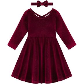 Weixinbuy Toddler Girl Fall Winter Clothes Outfit Baby Girl Velvet Twirl Dress Long Sleeve Pocket Swing Party Dress for Girl Burgundy in Kuwait