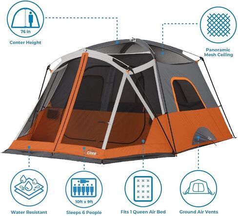 CORE Tent for Family Camping | 4 Person & 6 Person Portable Camp Tent with Carry Bag for Outdoor Car Camping | Included Gear Loft Organizer for Camp Accessories in Kuwait