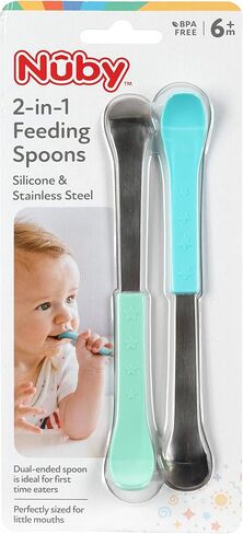 Nuby 2 in 1 Silicone and Stainless Steel Dual Ended Feeding Spoons for Baby, Aqua/Blue in Kuwait