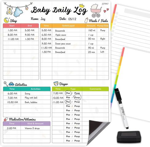 JJPRO Baby First Foods Tracker السبورة البيضاء - مغناطيس الثلاجة لتسجيل الطعام اليومي من 6 أشهر، ملصق النشاط، قائمة التحقق الجافة / مفكرتان إضافيتان - 14.5 بوصة × 11 بوصة in Kuwait