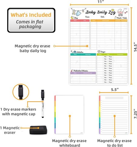 JJPRO Baby First Foods Tracker السبورة البيضاء - مغناطيس الثلاجة لتسجيل الطعام اليومي من 6 أشهر، ملصق النشاط، قائمة التحقق الجافة / مفكرتان إضافيتان - 14.5 بوصة × 11 بوصة in Kuwait