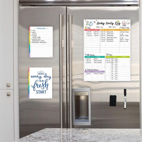 JJPRO Baby First Foods Tracker السبورة البيضاء - مغناطيس الثلاجة لتسجيل الطعام اليومي من 6 أشهر، ملصق النشاط، قائمة التحقق الجافة / مفكرتان إضافيتان - 14.5 بوصة × 11 بوصة in Kuwait