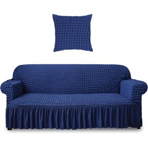 غطاء أريكة من قطعة واحدة قابل للغسل من Neween Loveseat مع تنورة، غطاء أريكة لحماية الأثاث قابل للتمدد مع 1 × كيس وسادة على الطراز الريفي للأطفال والحيوانات الأليفة (متوسط، أزرق داكن)
