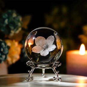 HDCRYSTALGIFTS 3D Engraving Crystal Ball Paperweight with Silver-Plated Stand 60mm Glass Decorative Ball Sphere for Home Decor (Cherry Blossoms)