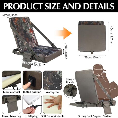Menkxi Waterproof Hunting Heated Seat Cushion with Backrest 3 Mode Adjustable Self Supporting Hunting Seat Cushion with Pocket Warm Portable Folding Heated Seat Pad for Hunting Power Bank Not Included in Saudi Arabia