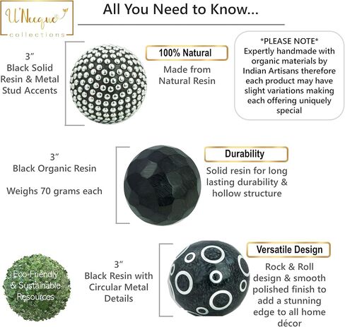 كرات جميلة سوداء صغيرة مزخرفة للأوعية - مجموعة كرات مزخرفة 3 قطع × 3 قطع، ديكور رائع للأدراج والمزهريات in Kuwait