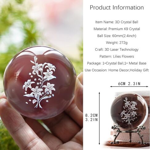 HDCRYSTALGIFTS كرة توليب كريستالية ثلاثية الأبعاد بالليزر مع ثقالة ورق فراشات - 60 مم نقش كرات زخرفية زجاجية ديكور تمثال كامل المجال in Kuwait