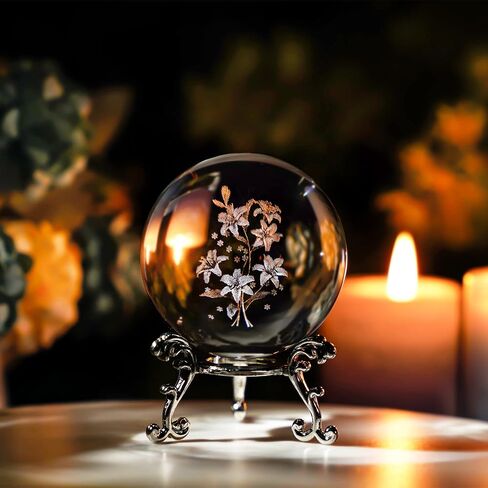 HDCRYSTALGIFTS كرة توليب كريستالية ثلاثية الأبعاد بالليزر مع ثقالة ورق فراشات - 60 مم نقش كرات زخرفية زجاجية ديكور تمثال كامل المجال in Kuwait