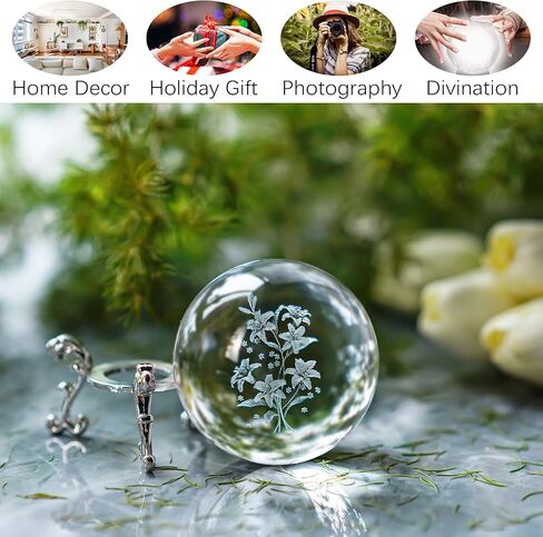 HDCRYSTALGIFTS كرة توليب كريستالية ثلاثية الأبعاد بالليزر مع ثقالة ورق فراشات - 60 مم نقش كرات زخرفية زجاجية ديكور تمثال كامل المجال in Kuwait