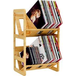 اكيتري حامل تخزين اسطوانات فينيل من الخيزران، 180-200 LPs للبومات، رف حامل أسطوانات من طبقتين مع فواصل، منظم رف عرض أسطوانات الفينيل للكتب والمجلات والملفات in Kuwait