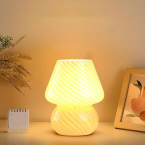 Glass Mushroom Bedside Table Lamp,White Nightstand Lamp,3 Color Stepless Dimming Night Light,for Kids, Living Room