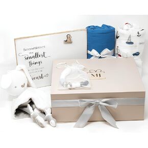 MJ Gifts Baby Boy Gift Box for Newborns: Unique Gifts Bundle - Organic Blanket, Bunny Security Lovey with Bell, Elegant Photo Frame & Pacifier Clips - Ideal Baby Shower Gifts (Blue) in Saudi Arabia