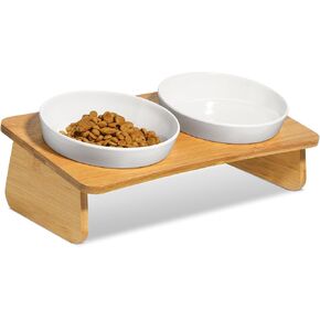 MSBC Raised Cat Bowl with Bamboo Stand, Elevated Pet Feeder with 2 Melamine Bowls, Tilted Food and Water Cat Feeding Dish, Protect Pet's Spine, Whisker Stress Free Anti Vomiting, White in Kuwait