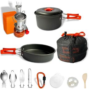 16pcs Camping Cookware Mess Kit, Non-Stick Lightweight Pots and Pans Set with Stove Carabiner Forks Knives Spoons for Camping, Backpacking, Hiking, Outdoor Cooking and Picnic in Kuwait