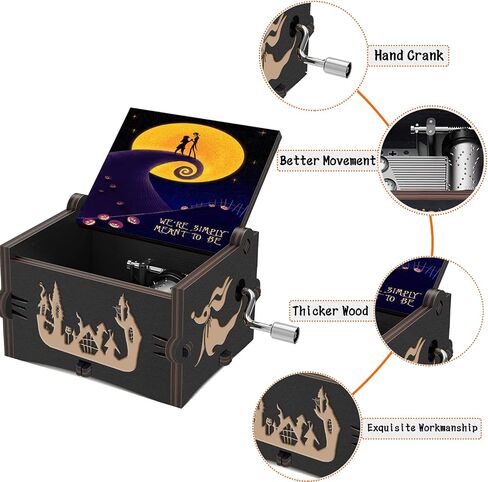 هذا هو صندوق الموسيقى الخشبي لعيد الهالوين The Nightmare Before Christmas Hand Crank محفور عليه هدايا صندوق موسيقى خشبي عتيق للأطفال/الصديقة/النساء/الابنة لعيد الهالوين (أبيض أسود) in Kuwait