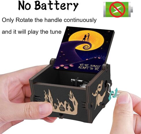 هذا هو صندوق الموسيقى الخشبي لعيد الهالوين The Nightmare Before Christmas Hand Crank محفور عليه هدايا صندوق موسيقى خشبي عتيق للأطفال/الصديقة/النساء/الابنة لعيد الهالوين (أبيض أسود) in Kuwait